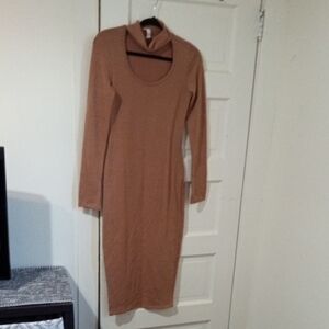 Source Unknown Camel Brown Long Sleeve Scoop-Neck Bodycon Midi Dress